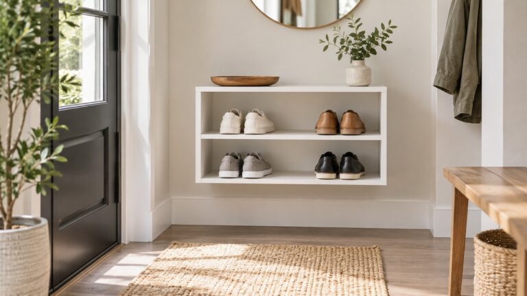 A narrow entry wall with a white wall-mounted shelf unit holding a few pairs of shoes, daylight from one side, no people in frame.