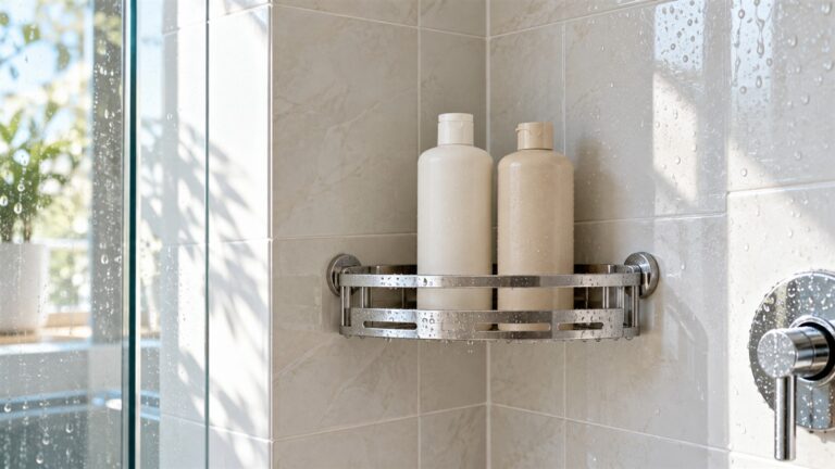 A tiled shower corner with a metal corner shelf holding shampoo and conditioner bottles, with daylight coming through a glass door.