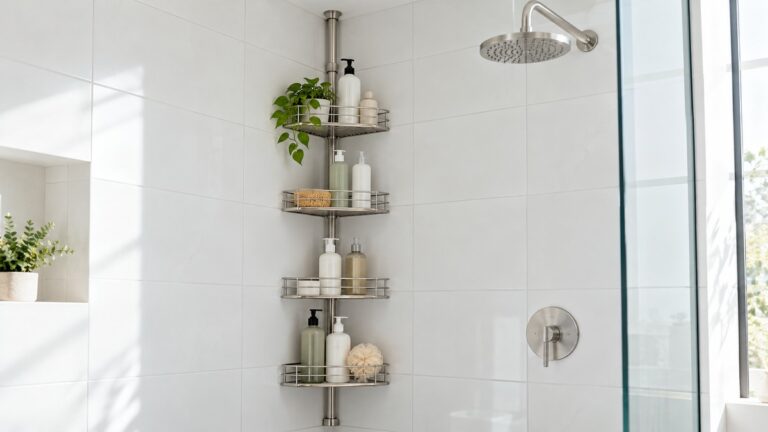 A stainless corner shower caddy with shampoo bottles on its tiers, fixed between a tiled wall and the ceiling in a white bathroom.