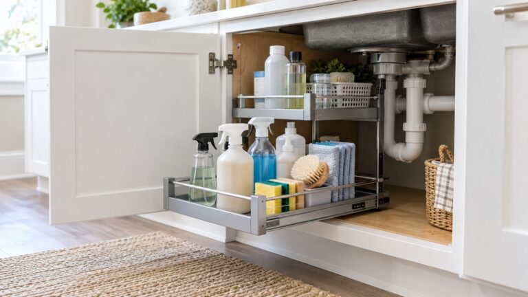 A pull-out organizer sitting in an open under-sink cabinet, with bottles and sponges within easy reach.