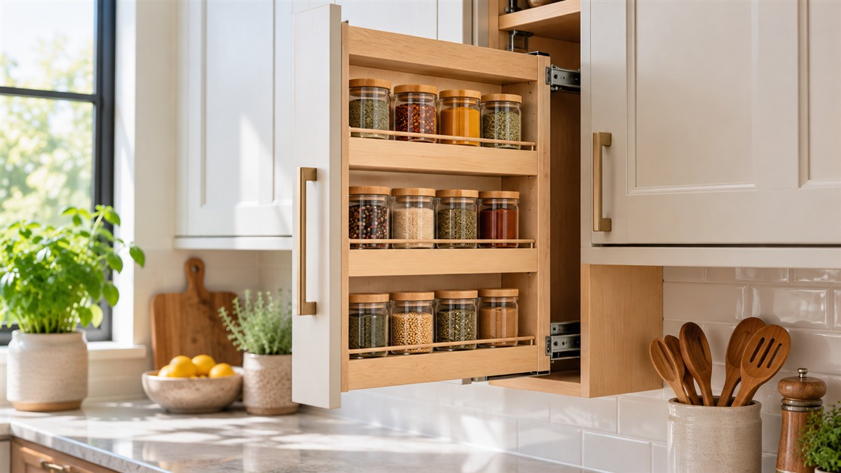 A narrow pull-out spice rack sliding out of an upper kitchen cabinet, with glass jars on each tier.