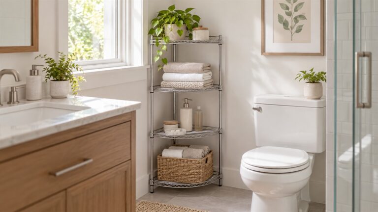 A narrow bathroom corner with an open wire rack holding folded towels and neat bottles, soft morning light.