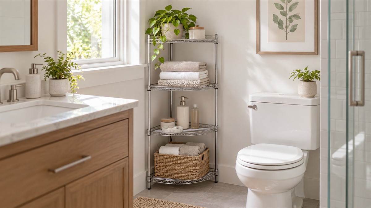 A narrow bathroom corner with an open wire rack holding folded towels and neat bottles, soft morning light.