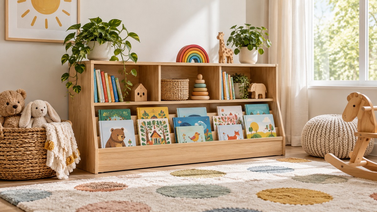 A low wooden bookcase in a bright nursery, with picture books facing outward on the lower tiers and a child's rug in front.