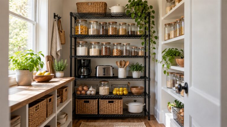 A small kitchen pantry with a black metal wire shelving unit holding jars and small appliances, daylight from a side window, no people in frame.