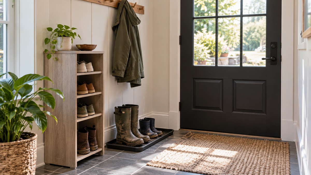 A narrow mudroom with a slim shoe unit beside the door, muddy boots on a tray, a coat hung above.