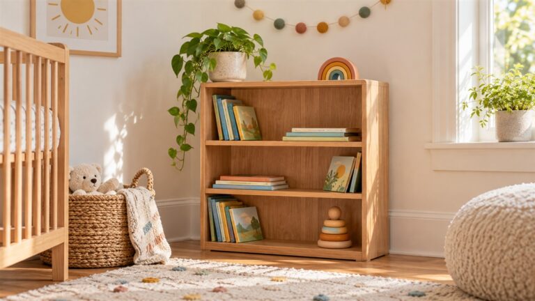 A small natural wood bookcase in a bright nursery corner, a few picture books arranged on the shelves.