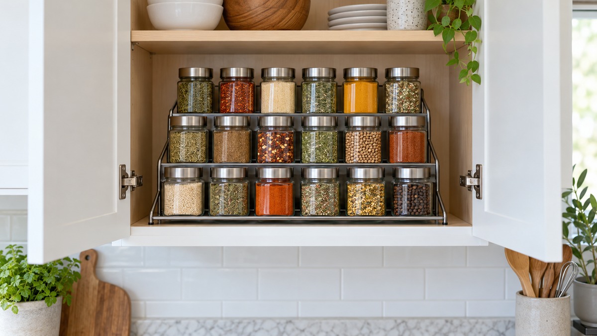 Glass spice jars arranged on a tiered metal rack inside an open kitchen cupboard.
