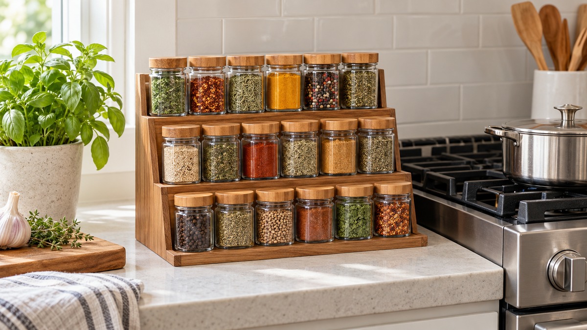 A three-tier countertop spice jar shelf holding glass jars in neat rows beside a kitchen range.