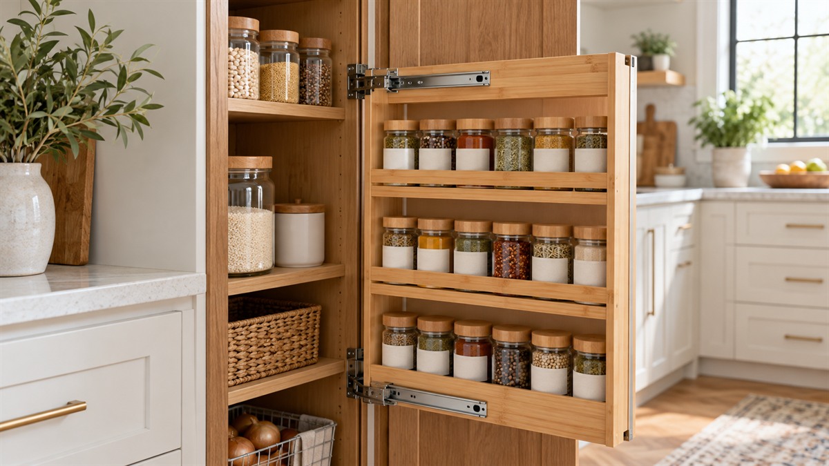A tidy kitchen pantry with a freestanding cabinet and a bamboo pull-out spice rack holding labelled jars.