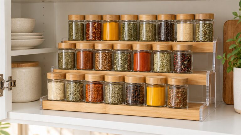 A stack of clear and natural spice organizers on a kitchen cabinet shelf, with labeled jars standing on the tiers.