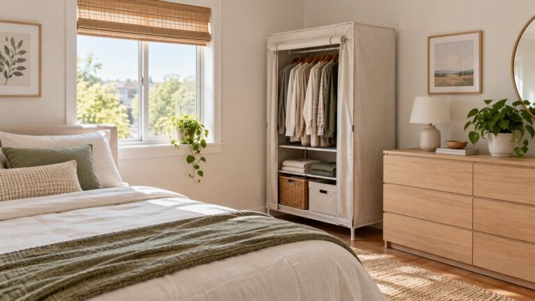 A small bedroom with a freestanding fabric wardrobe beside a low dresser, bright daylight, no people in frame.