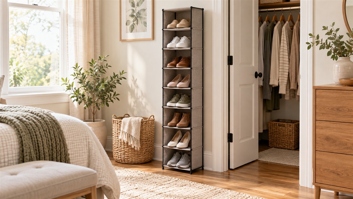 A tall, narrow fabric shoe organizer standing beside a closet door with shoes stored on each tier.