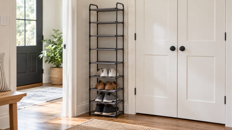 A slim freestanding shoe rack standing beside a closet door, with a few pairs of shoes on its lower tiers.