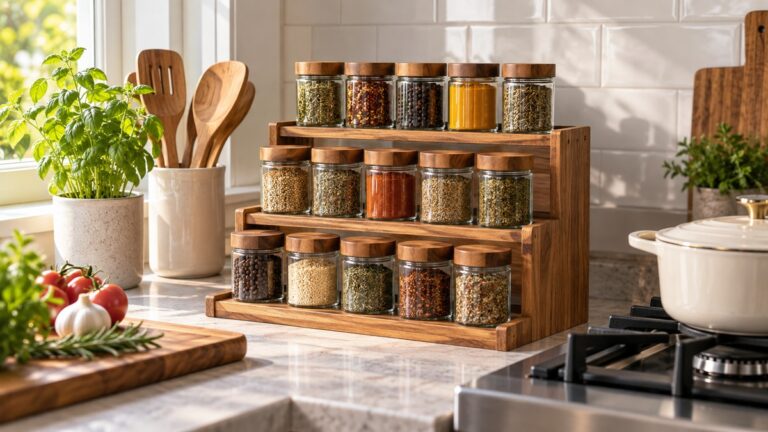 A three-tier wooden spice shelf on a kitchen countertop, with labelled jars arranged on each step beside a stove.