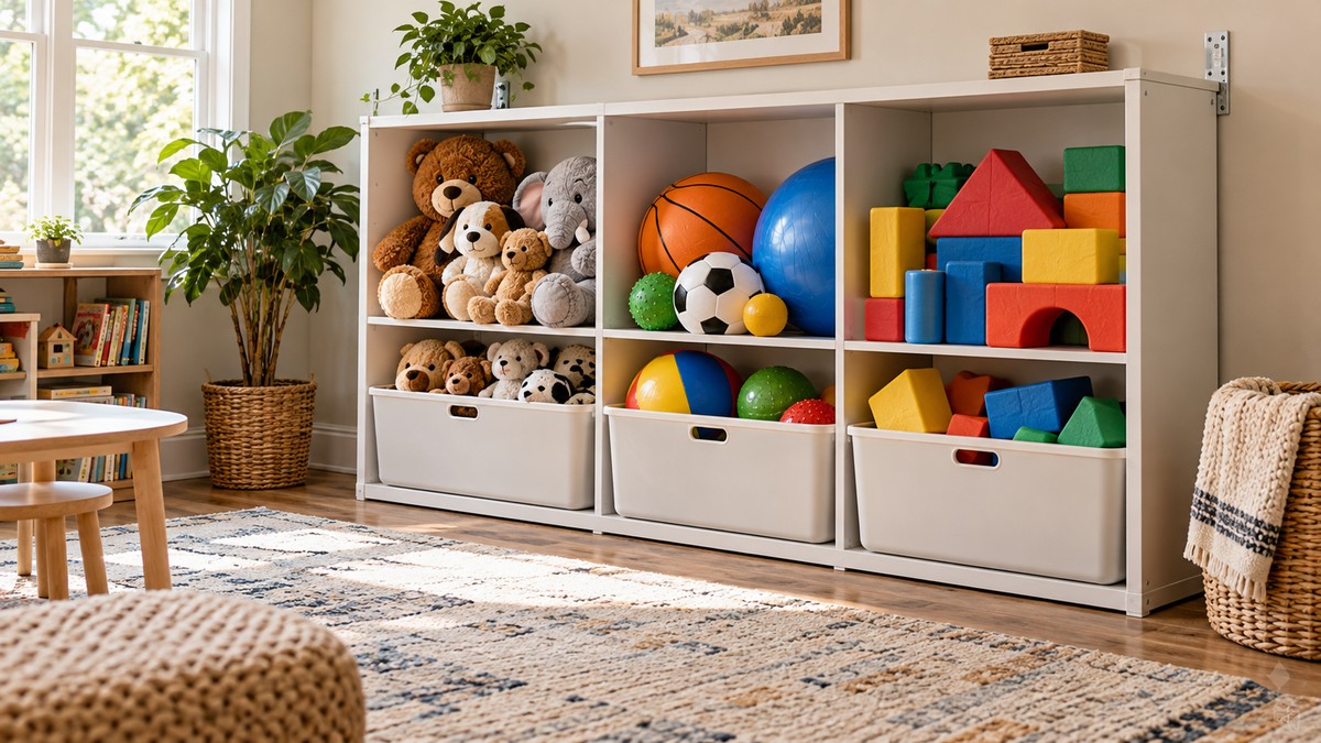 Large toy storage in an organized playroom
