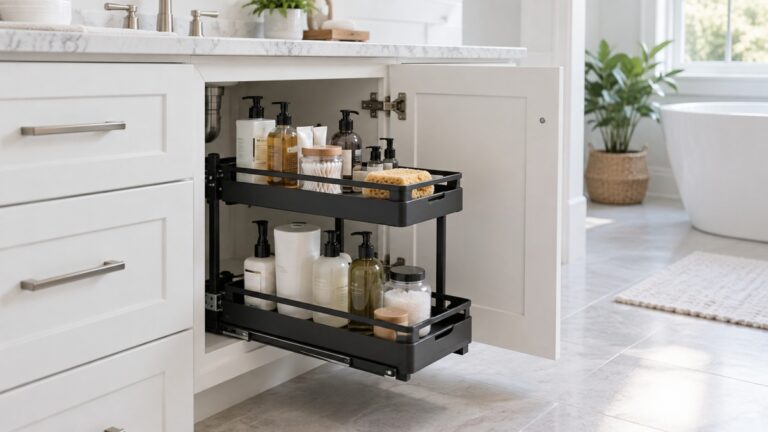 A two-tier black pull-out organizer sliding out from a white bathroom vanity, with bottles on each tier.