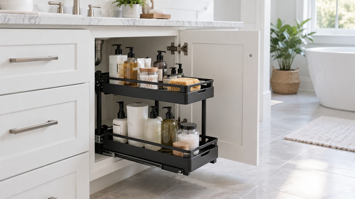 A two-tier black pull-out organizer sliding out from a white bathroom vanity, with bottles on each tier.