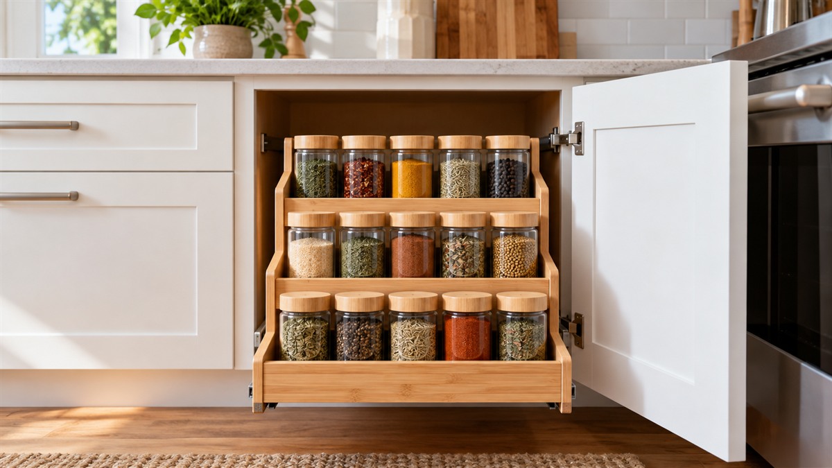 An open base kitchen cabinet with a bamboo pull-out spice rack holding labeled jars, photographed from the front at eye level.