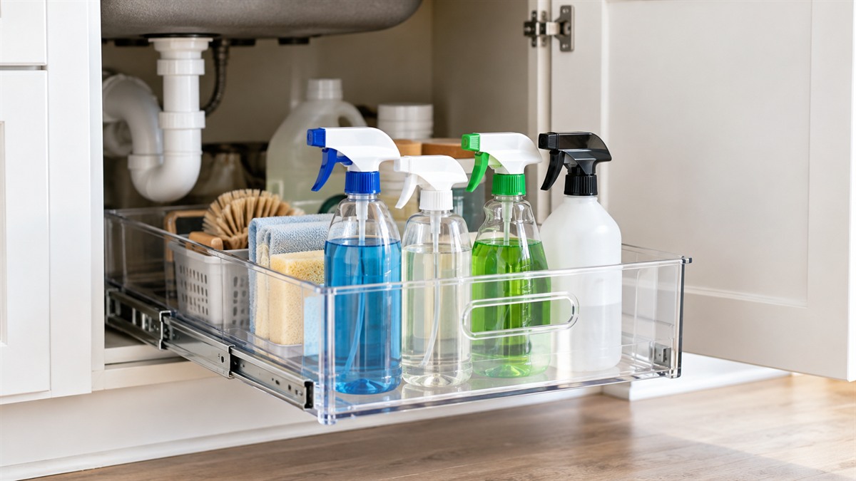 A clear acrylic under-sink drawer rolled halfway out of a kitchen cabinet, with spray bottles on the front edge.