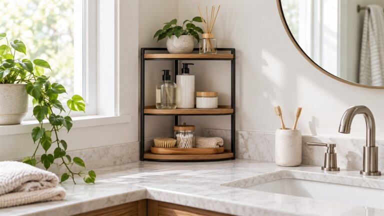 A three-tier corner shelf standing on a bathroom vanity counter beside a sink, with bottles and a small tray on each level.
