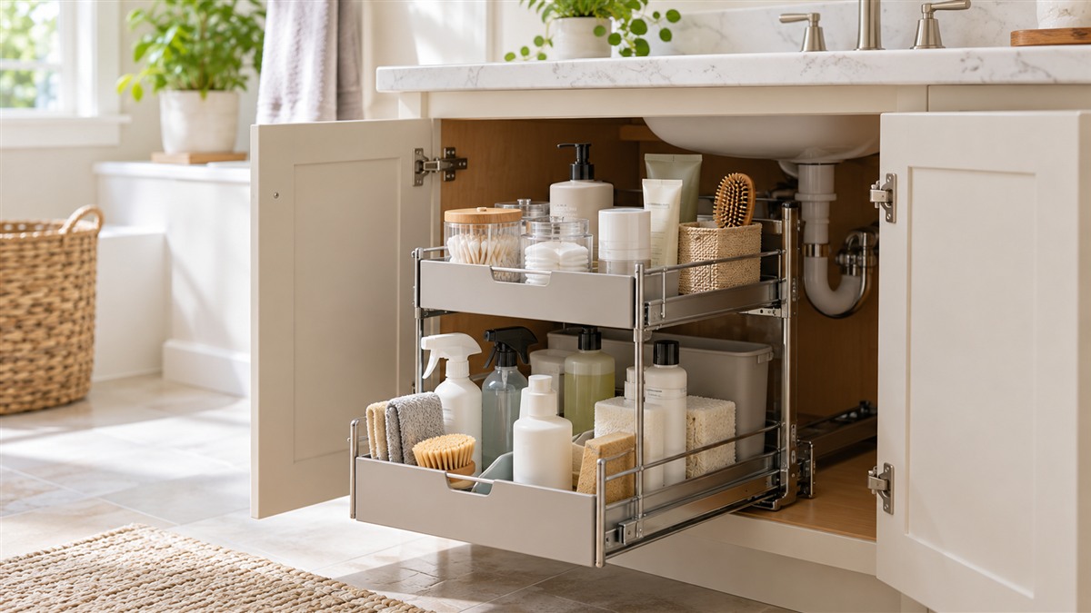 An under-vanity organizer pulled partly out of a bathroom cabinet, with toiletries and cleaners inside.