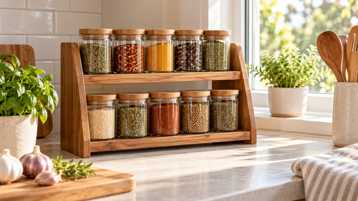 A wooden countertop spice shelf holding neat jars beside a kitchen window, warm natural light on the grain.