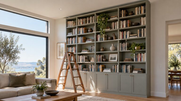 Tall bookshelf planned with clearance below the ceiling