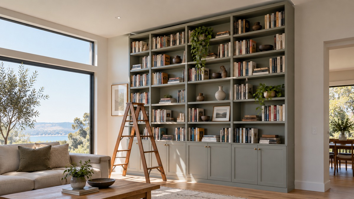 Tall bookshelf planned with clearance below the ceiling