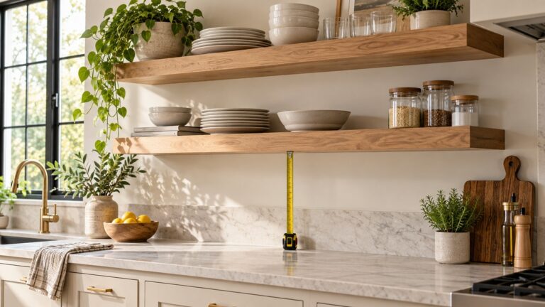 Floating shelves positioned above a kitchen counter
