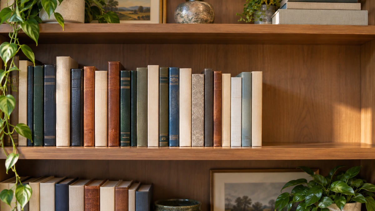 Books arranged across a partly filled bookshelf