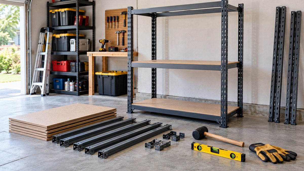 Garage shelving unit with assembly tools and components