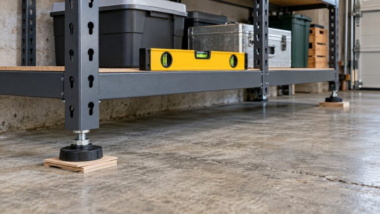 Bubble level and adjustable feet on garage shelving