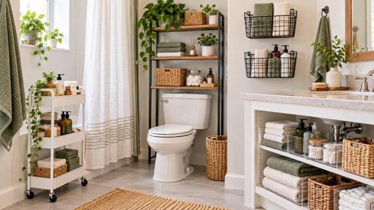 Bathroom organized with freestanding carts shelves and baskets