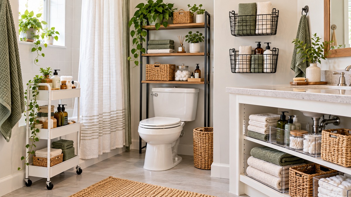 Bathroom organized with freestanding carts shelves and baskets