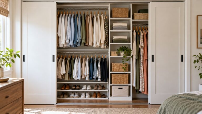 Organized small closet behind sliding doors