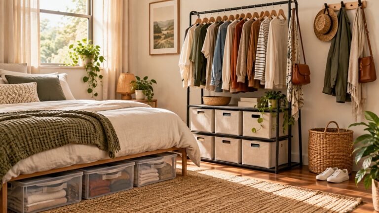 Clothes organized using a garment rack bins and wall hooks