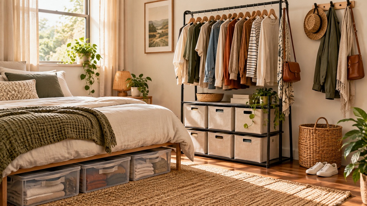 Clothes organized using a garment rack bins and wall hooks