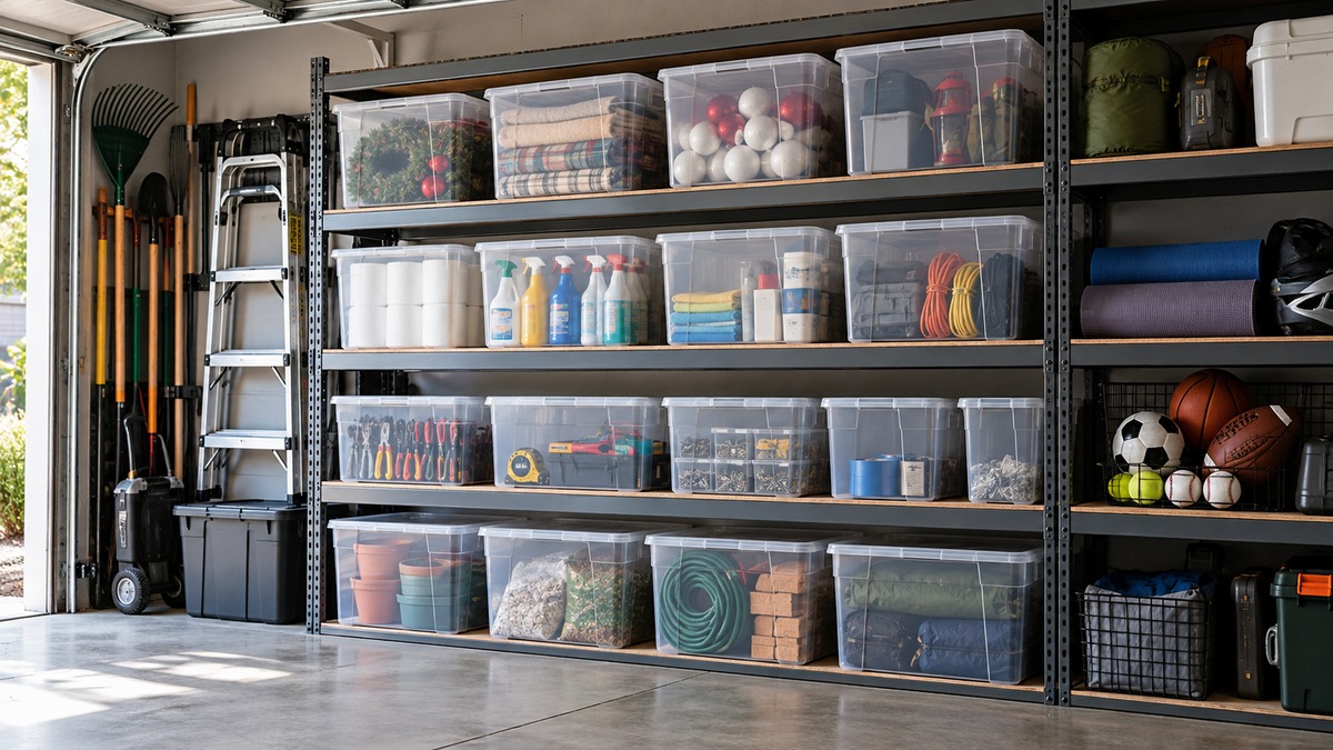 Garage shelves organized with bins tools and household supplies