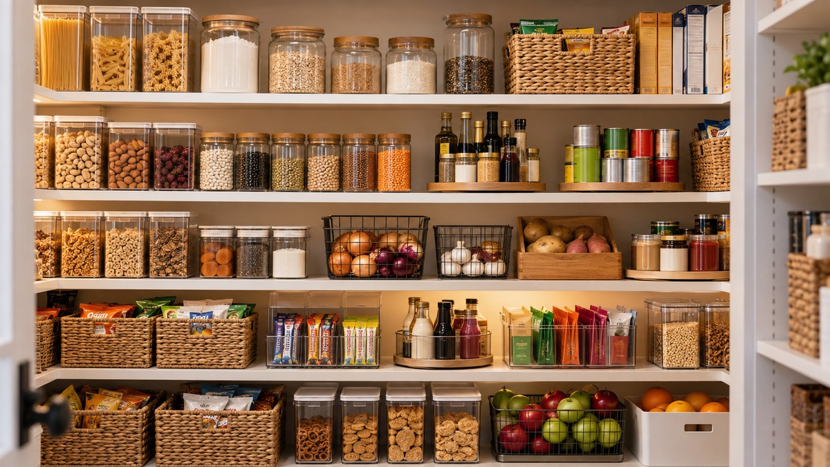 Kitchen pantry shelves organized with jars baskets and cans