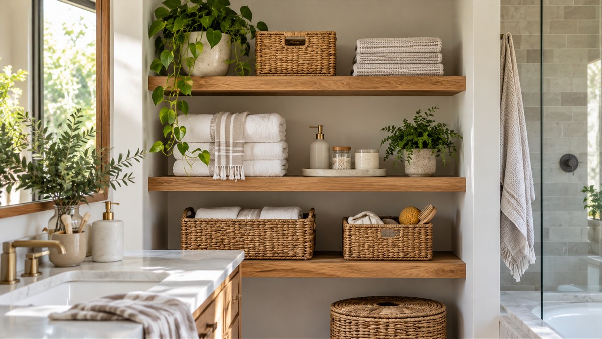 How to Organize Open Bathroom Shelves