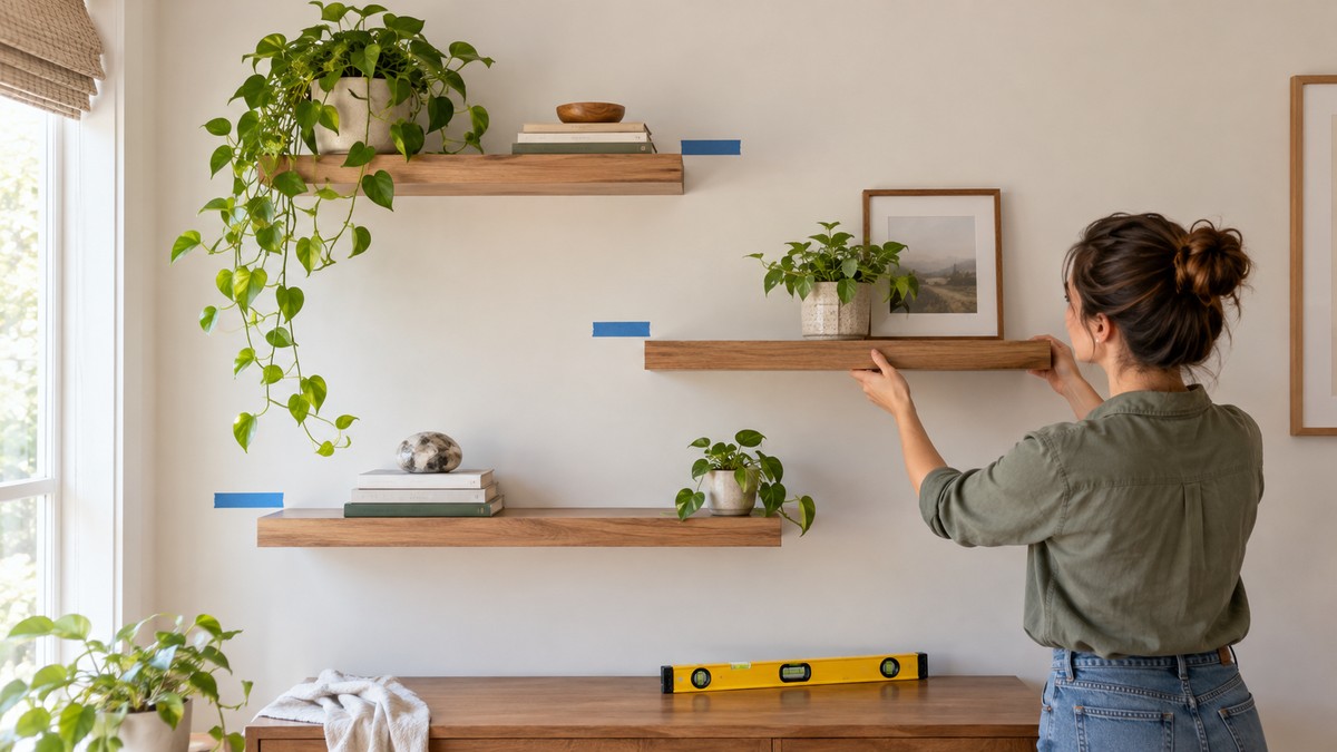 Placing three floating shelves on a wall