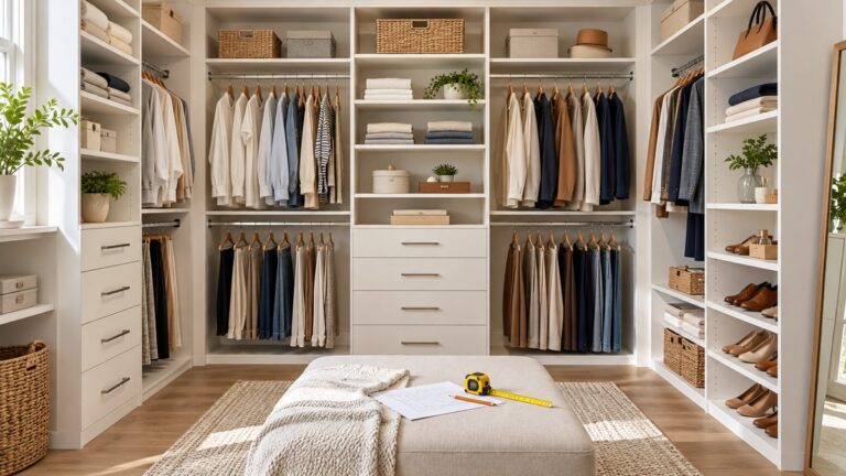 Modular closet organization system with shelves rods and drawers