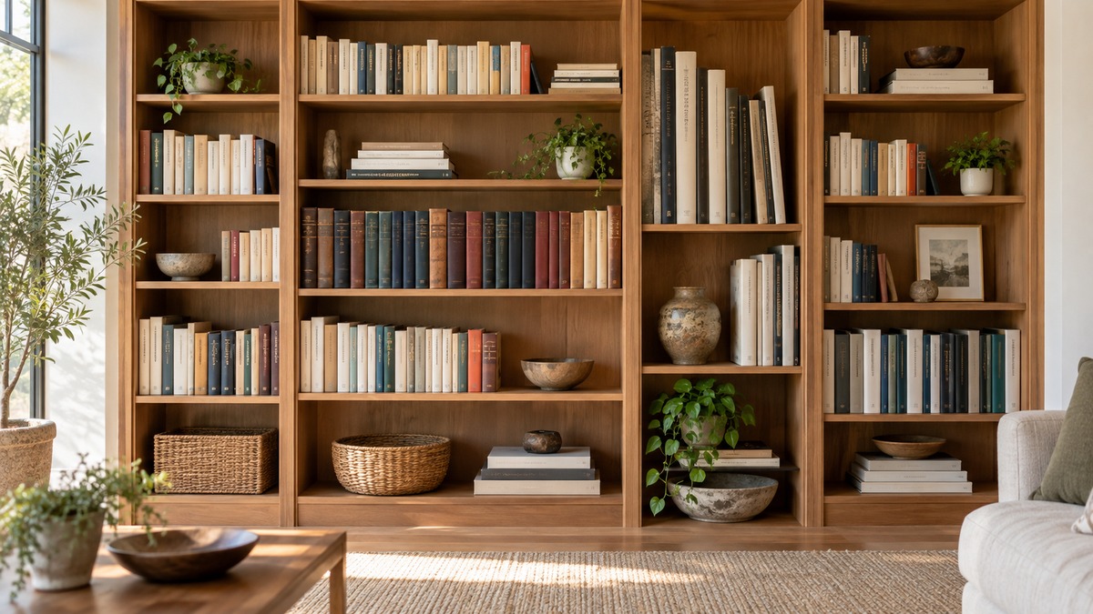 Books of different sizes arranged on properly spaced shelves
