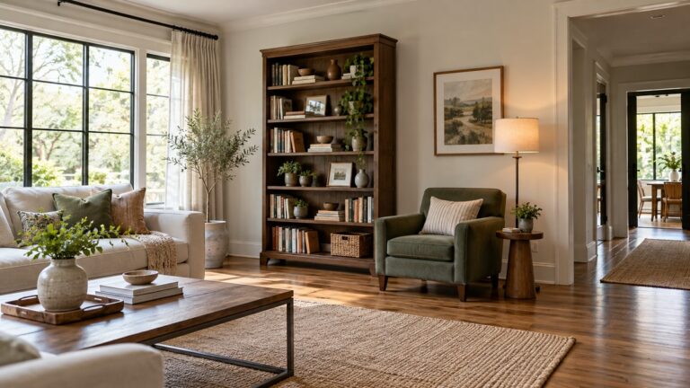 Bookshelf positioned beside a reading chair in a living room