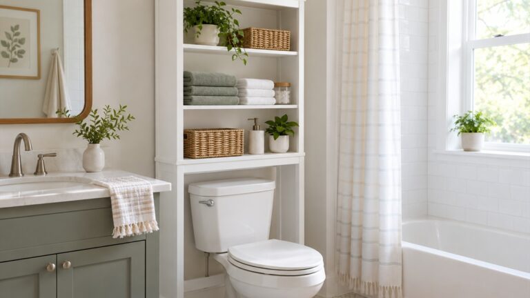 White wood over the toilet storage